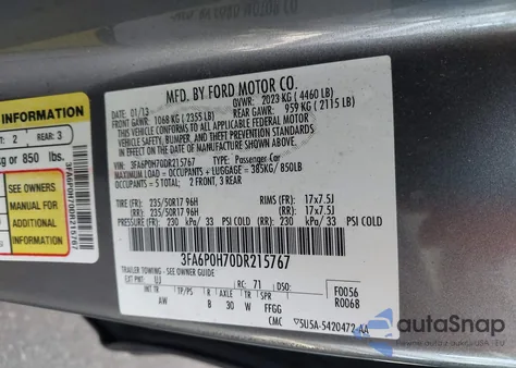 2013 Ford Fusion Se z USA, uszkodzony, nr VIN 3FA6P0H70DR215767